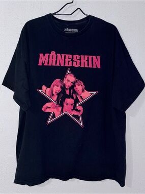 Maneskin Rock Band Graphic Tee Black Pink Star Print Shirt XL Y2K Grunge Concert